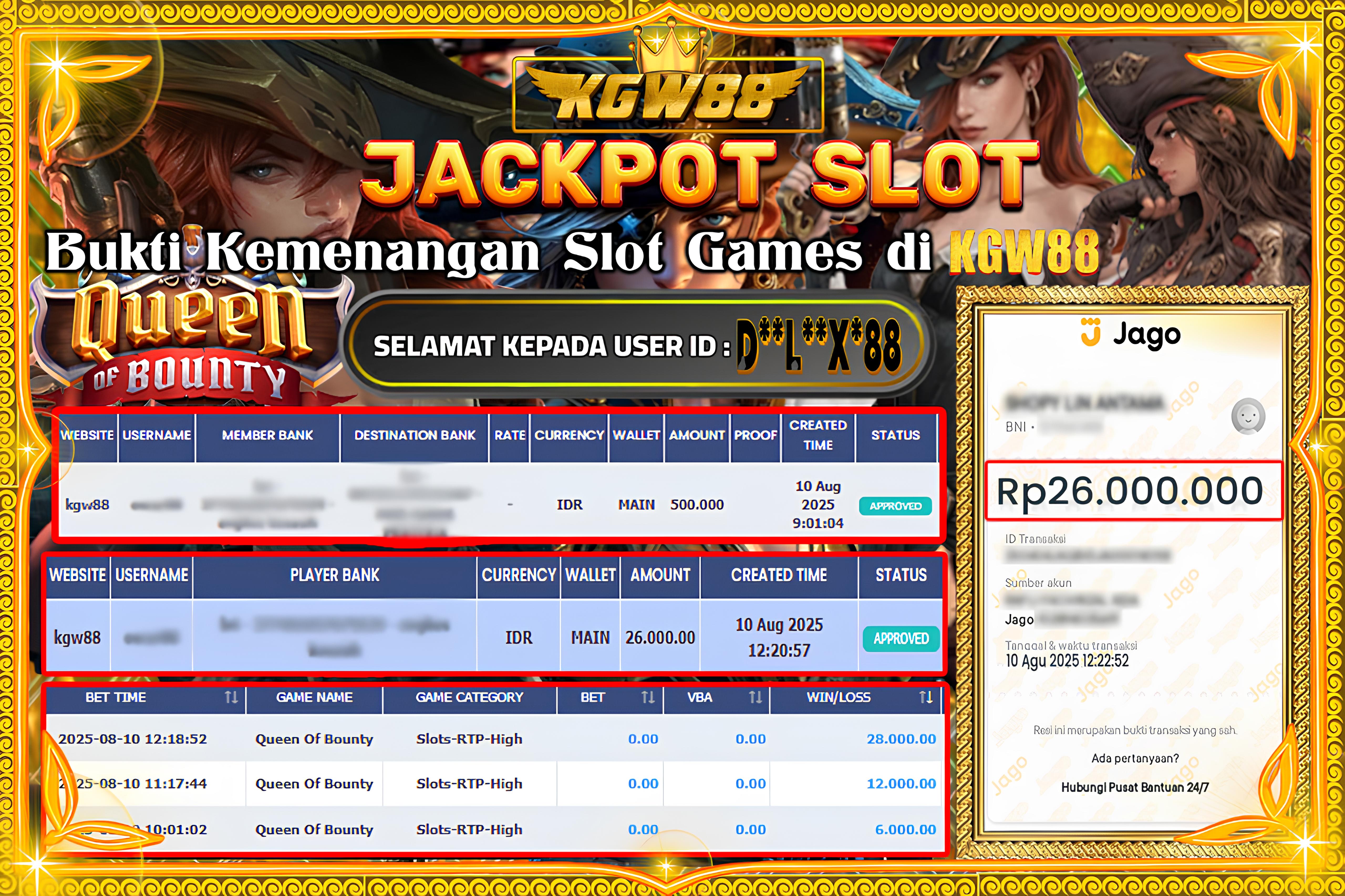 KGW88 JACKPOT Queen Of Bounty Rp.26.000.000,- LUNAS